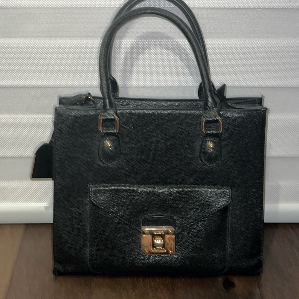 ALDO Medium Black Tote Bag Front Pocket, gold trim,back pocket, gold zipper​